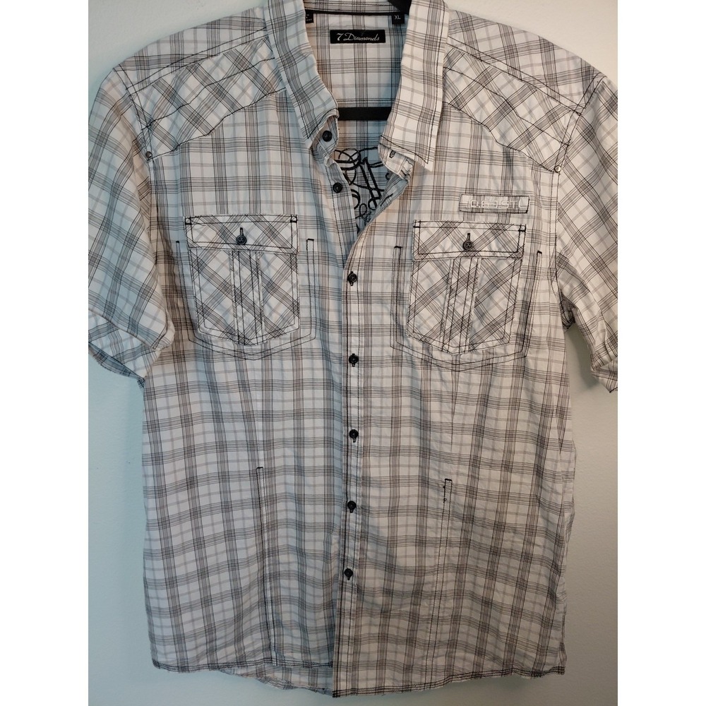 7Diamonds 4-Way Stretch Men's Size XL  Plaid Short Sleeve Shirt 100% Cotton